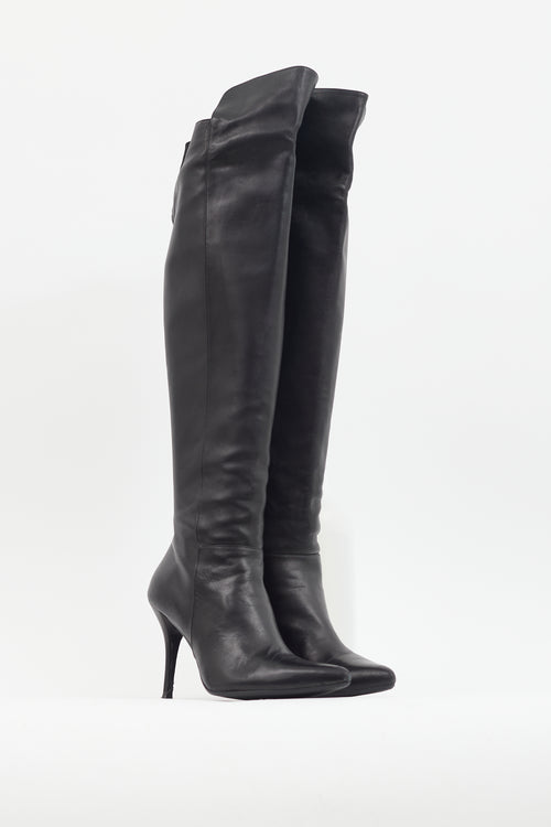 Stuart Weitzman Black Leather Pointed Toe Knee High Boot