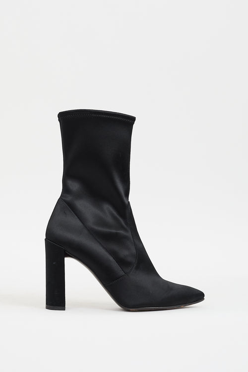 Stuart Weitzman Black Satin Clinger Pointed Toe Boot VSP Consignment