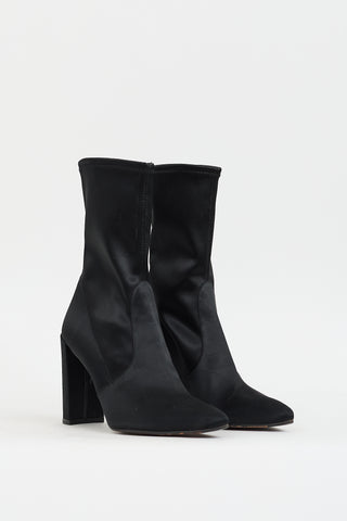 Stuart Weitzman Black Satin Clinger Pointed Toe Boot