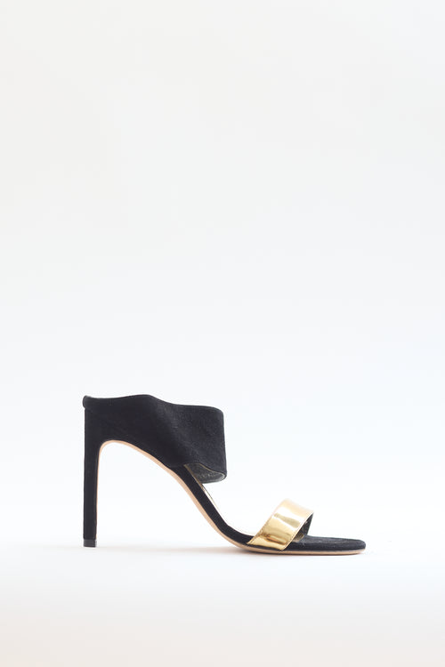 Stuart Weitzman Black Suede & Gold Leather Heel