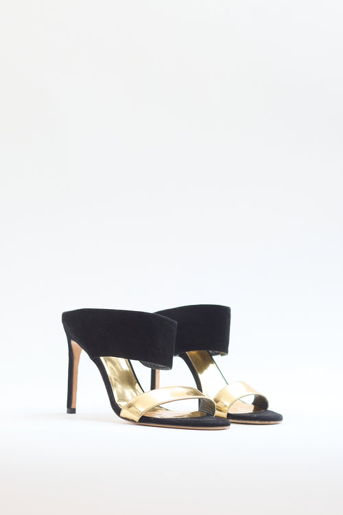 Stuart Weitzman Black Suede & Gold Leather Heel