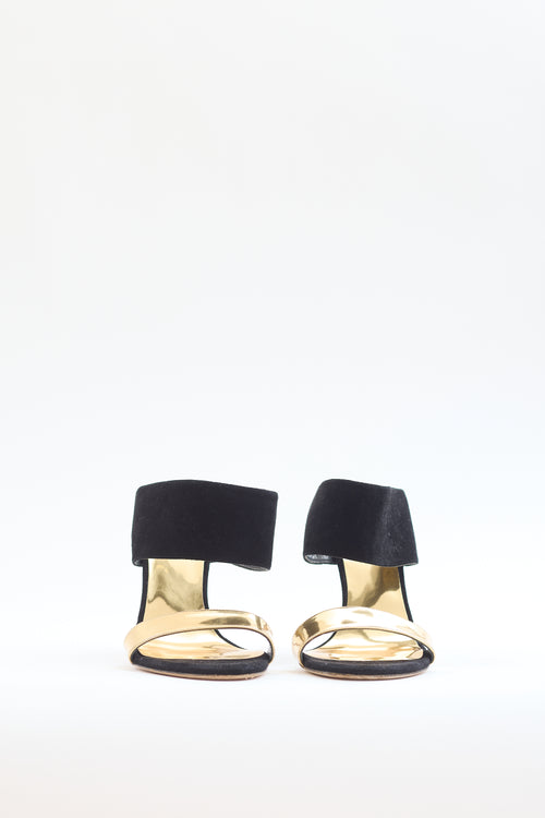 Stuart Weitzman Black Suede & Gold Leather Heel