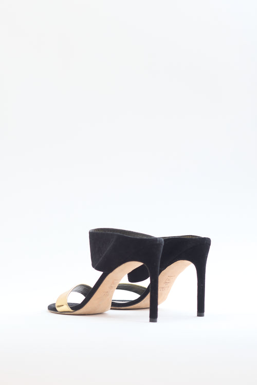 Stuart Weitzman Black Suede & Gold Leather Heel