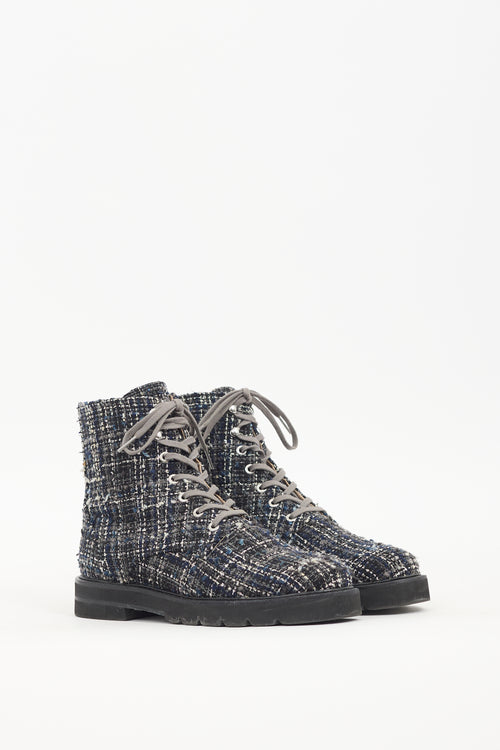 Stuart Weitzman Navy & White Tweed Combat Boot