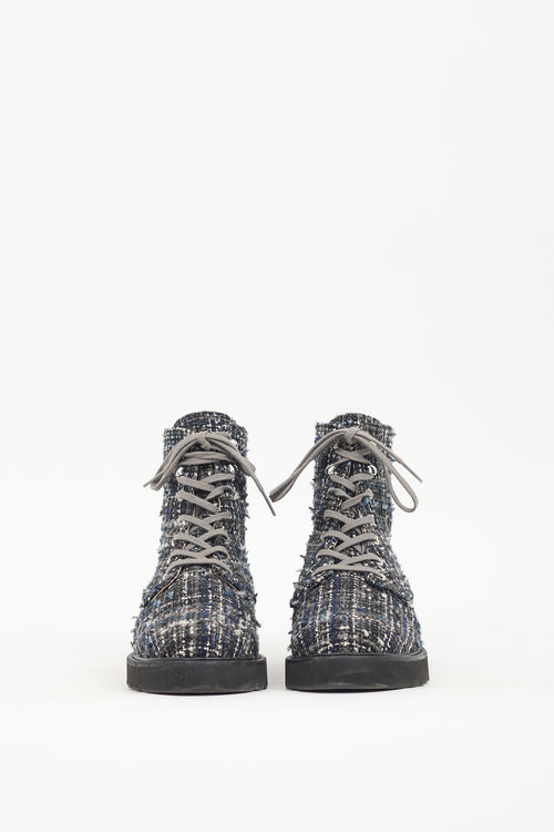 Stuart Weitzman Navy & White Tweed Combat Boot