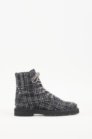 Stuart Weitzman Navy & White Tweed Combat Boot