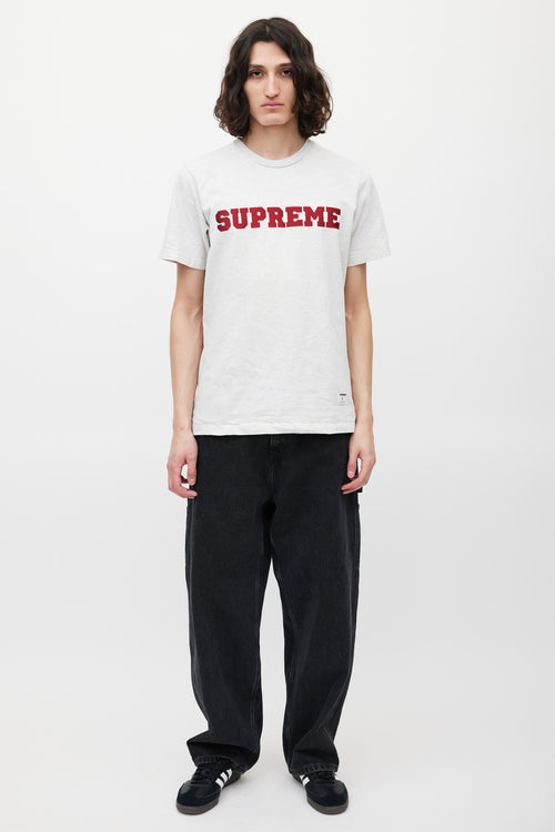 Supreme Grey & Red Emrboidered Logo T-Shirt
