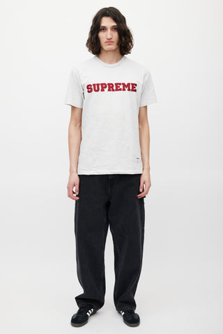 Supreme Grey & Red Emrboidered Logo T-Shirt