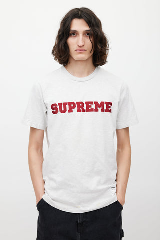 Supreme Grey & Red Emrboidered Logo T-Shirt