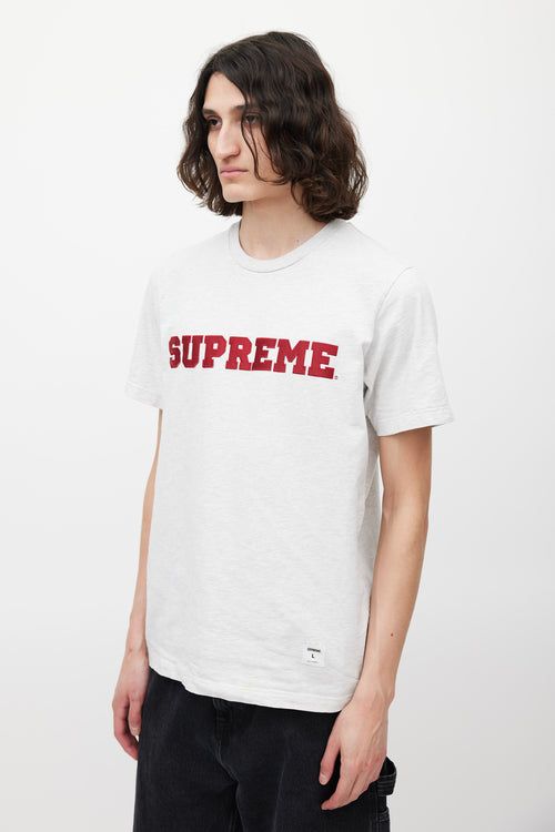 Supreme Grey & Red Emrboidered Logo T-Shirt
