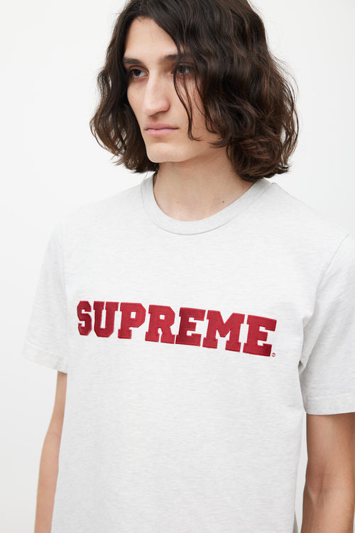Supreme Grey & Red Emrboidered Logo T-Shirt