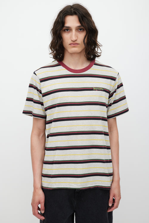 Supreme SS 2018 Heather Grey & Burgundy Striped Gonz Logo T-Shirt