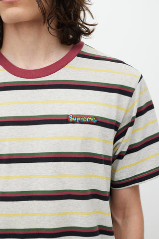 Supreme SS 2018 Heather Grey & Burgundy Striped Gonz Logo T-Shirt