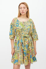 Suzie Kondi Yellow & Multicolour Floral Gathered Tier Dress