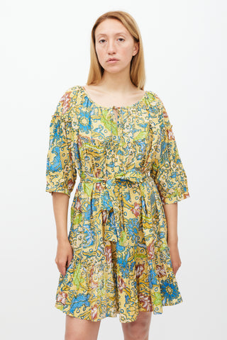 Suzie Kondi Yellow & Multicolour Floral Gathered Tier Dress