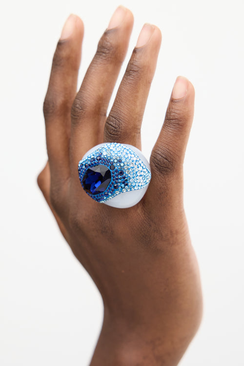 Swarovski White Resin & Blue Crystal Sculptural Ring