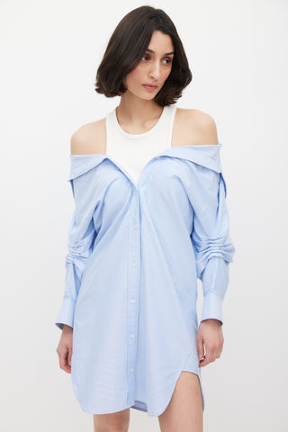 T by Alexander Wang Blue & White Off Shoulder Layered Shirt Dress