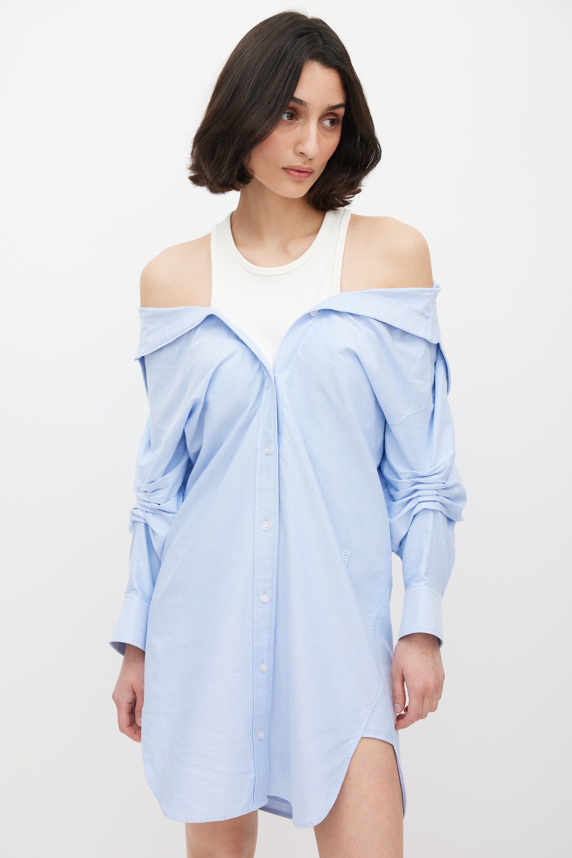 T by Alexander Wang // Blue & White Off Shoulder Layered Shirt Dress