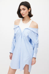 T by Alexander Wang Blue & White Off Shoulder Layered Shirt Dress