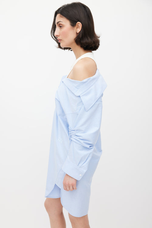 T by Alexander Wang Blue & White Off Shoulder Layered Shirt Dress