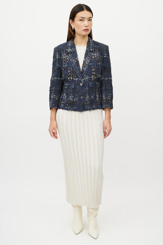Chanel Blue & White Textured Silk Blend Blazer