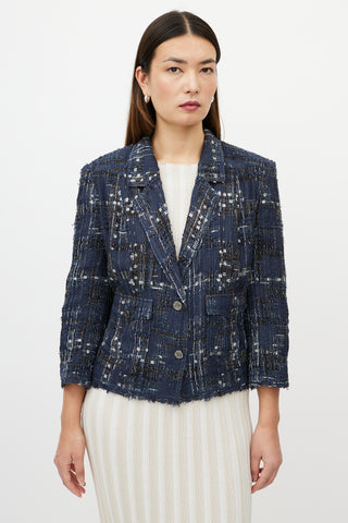 Chanel Blue & White Textured Silk Blend Blazer