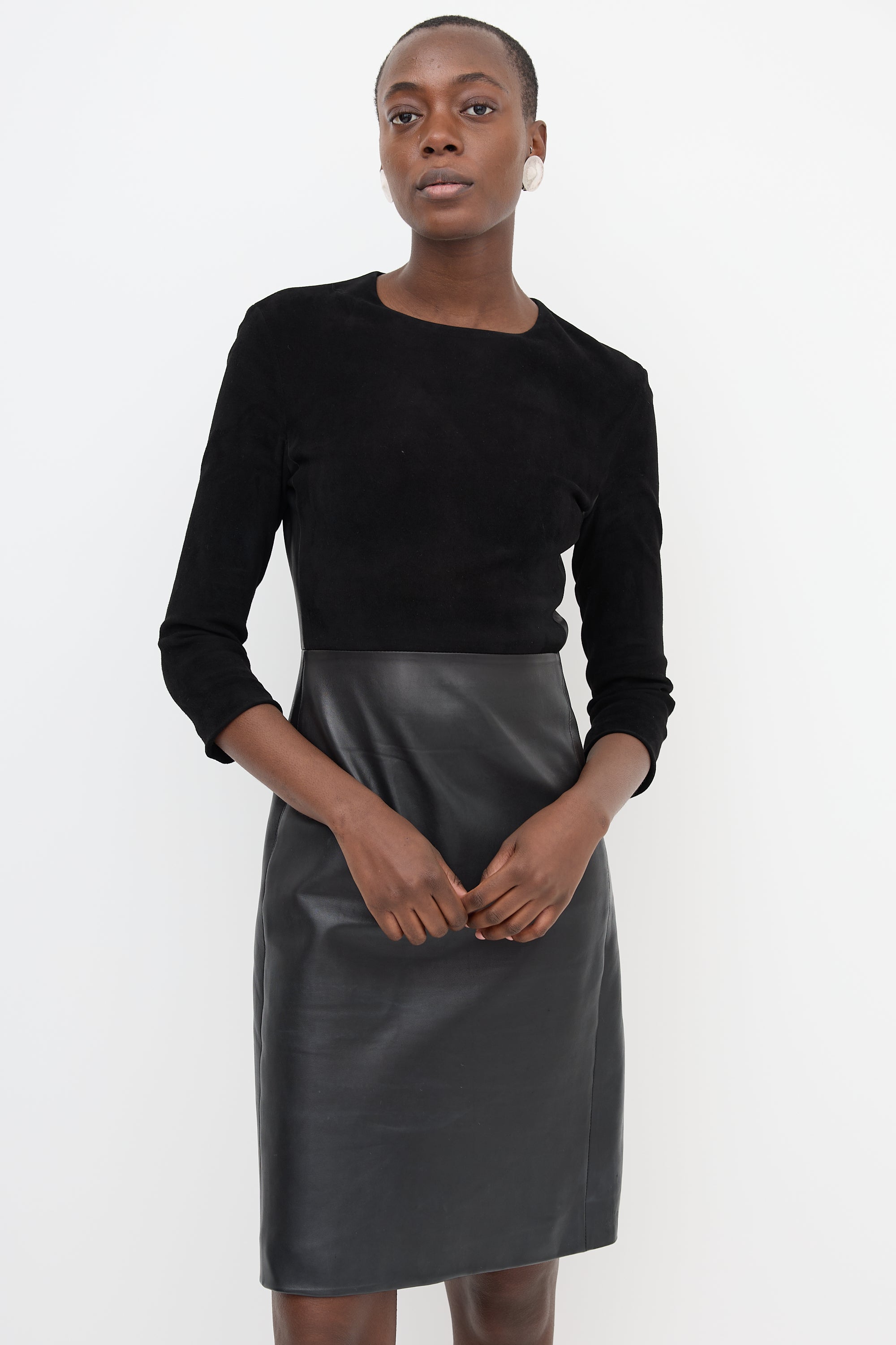 the row black leather dress The Row Worthy Paneled Leather Midi Dress In Black - 50% Off