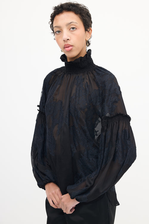 TWP Black Silk Lace Smocked Blouse