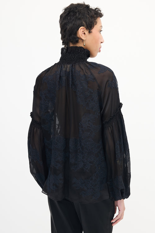 TWP Black Silk Lace Smocked Blouse