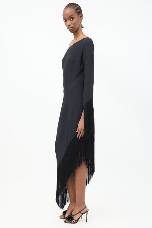 Taller Marmot Black One Shoulder Fringe Midi Dress