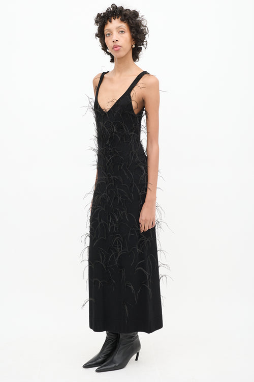 Tanya Taylor Black Wool Knit Nati Feathered Dress