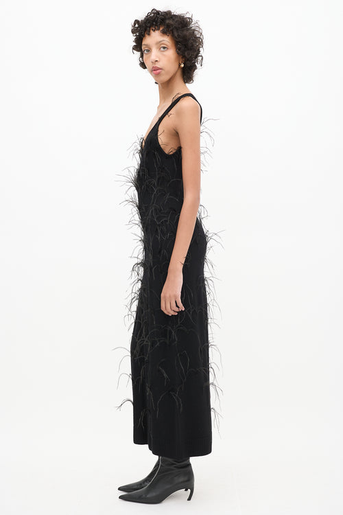 Tanya Taylor Black Wool Knit Nati Feathered Dress