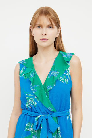 Tanya Taylor Blue & Green Silk Sleeveless Dress