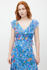 Tanya Taylor Blue & Multicolour Ruffled Silk Dress