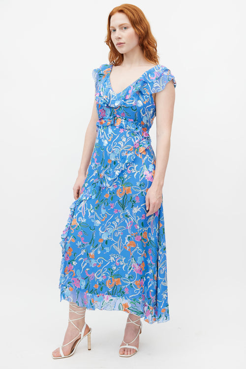 Tanya Taylor Blue & Multicolour Ruffled Silk Dress
