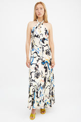 Tanya Taylor Cream & Multi Printed Maya Open Back Dress
