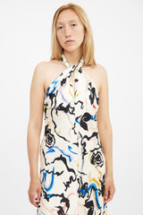 Tanya Taylor Cream & Multi Printed Maya Open Back Dress