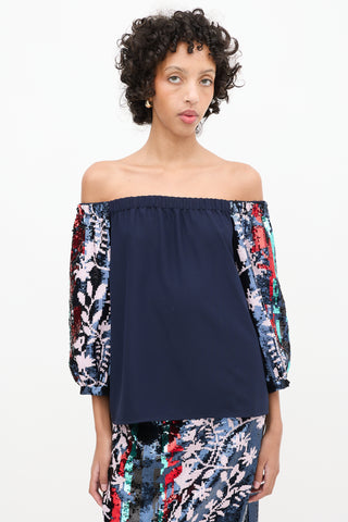 Tanya Taylor Navy & Multicolor Sequin Sleeve Off Shoulder Top