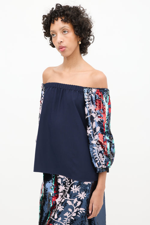 Tanya Taylor Navy & Multicolor Sequin Sleeve Off Shoulder Top