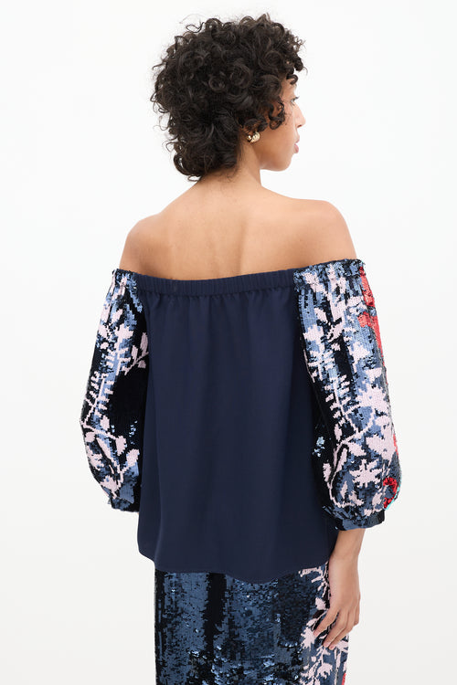 Tanya Taylor Navy & Multicolor Sequin Sleeve Off Shoulder Top