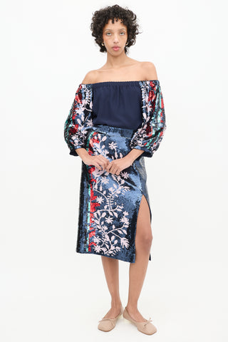 Tanya Taylor Navy & Multicolour Sequin Floral Elisa Skirt