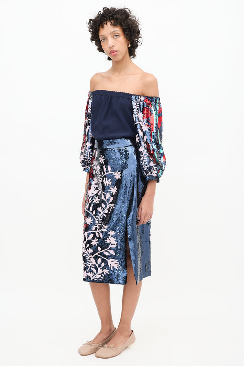 Tanya Taylor Navy & Multicolour Sequin Floral Elisa Skirt