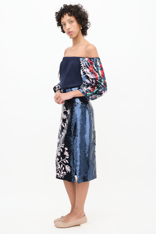 Tanya Taylor Navy & Multicolour Sequin Floral Elisa Skirt