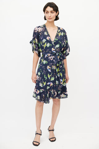 Tanya Taylor Navy & Multicolour Silk Floral Wrap Dress