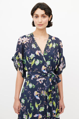 Tanya Taylor Navy & Multicolour Silk Floral Wrap Dress