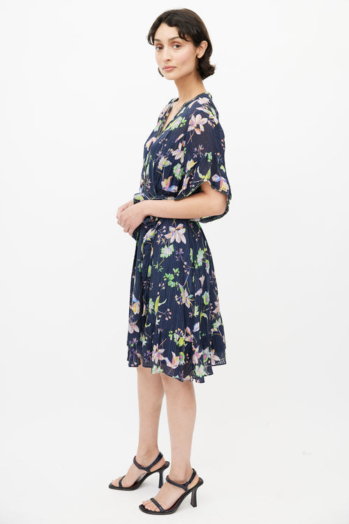 Tanya Taylor Navy & Multicolour Silk Floral Wrap Dress