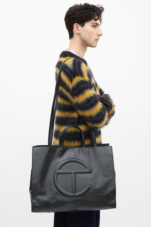 Telfar Black Leather Shopping Tote Bag