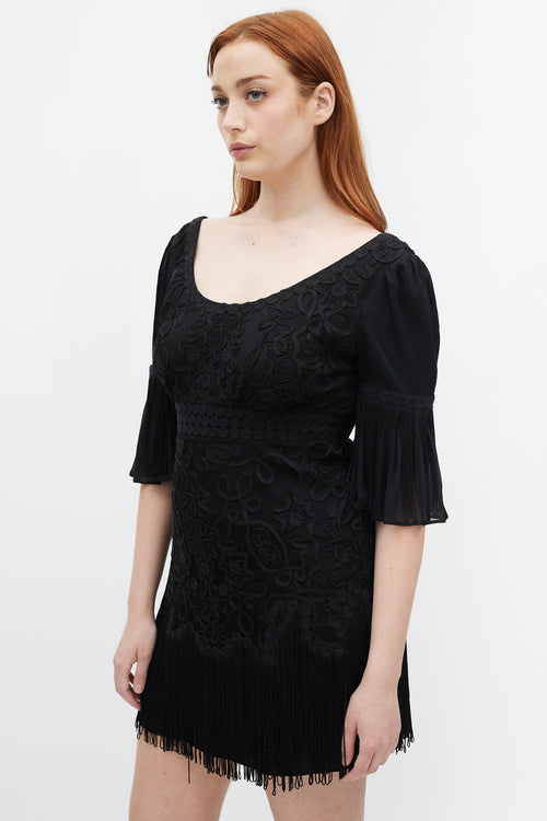 Temperley Black Embroidered Fringe Trimmed Dress