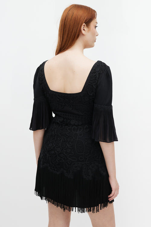 Temperley Black Embroidered Fringe Trimmed Dress