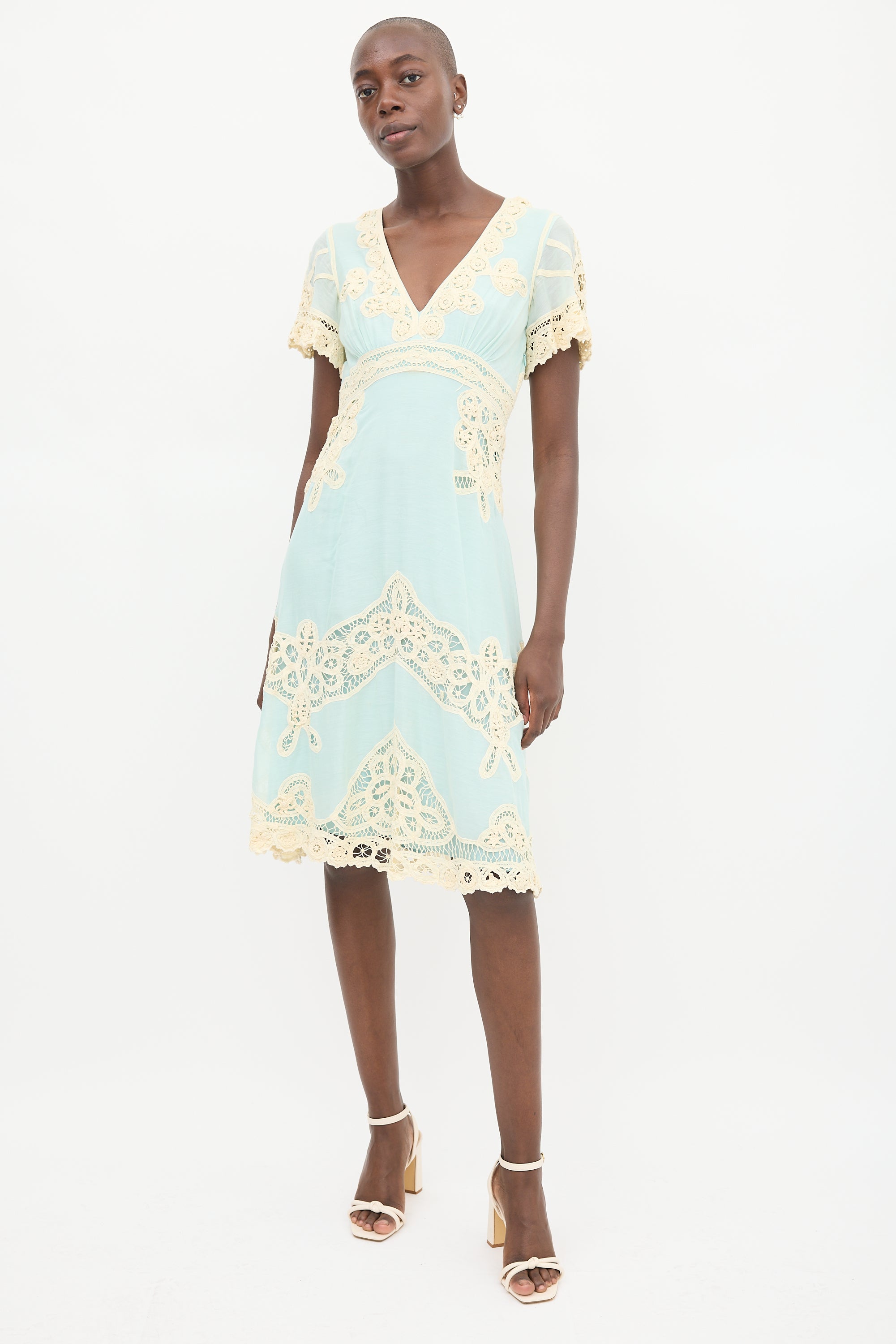 blue cream lace dress The GREAT. The Legacy Dress. -- Faded Blue and Cream Faded Blue and Cream / 3 / D884014